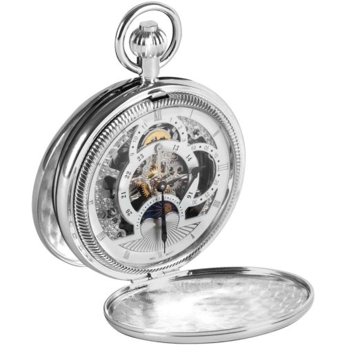 Double Hunter Chrome Plated Moon Dial Pocket Watch W1083