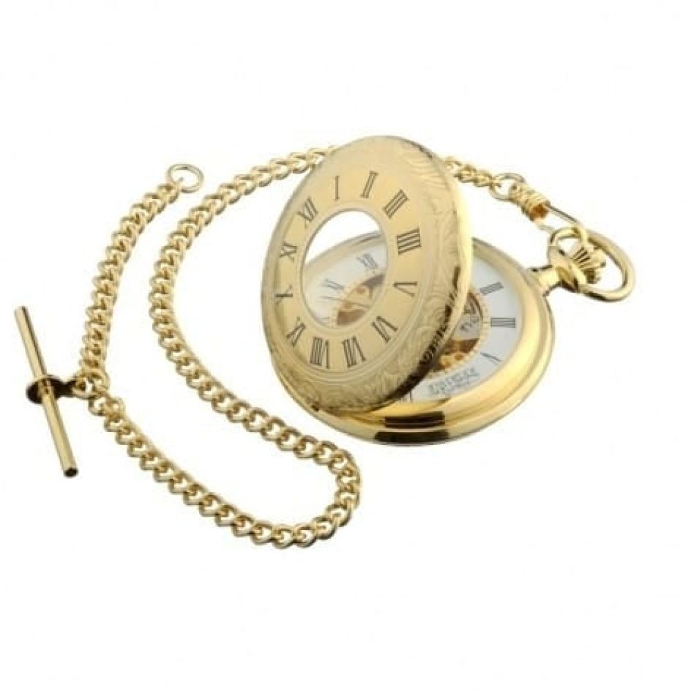 Gold Plated Half Hunter Skeleton Pocket Watch - Free Shipping